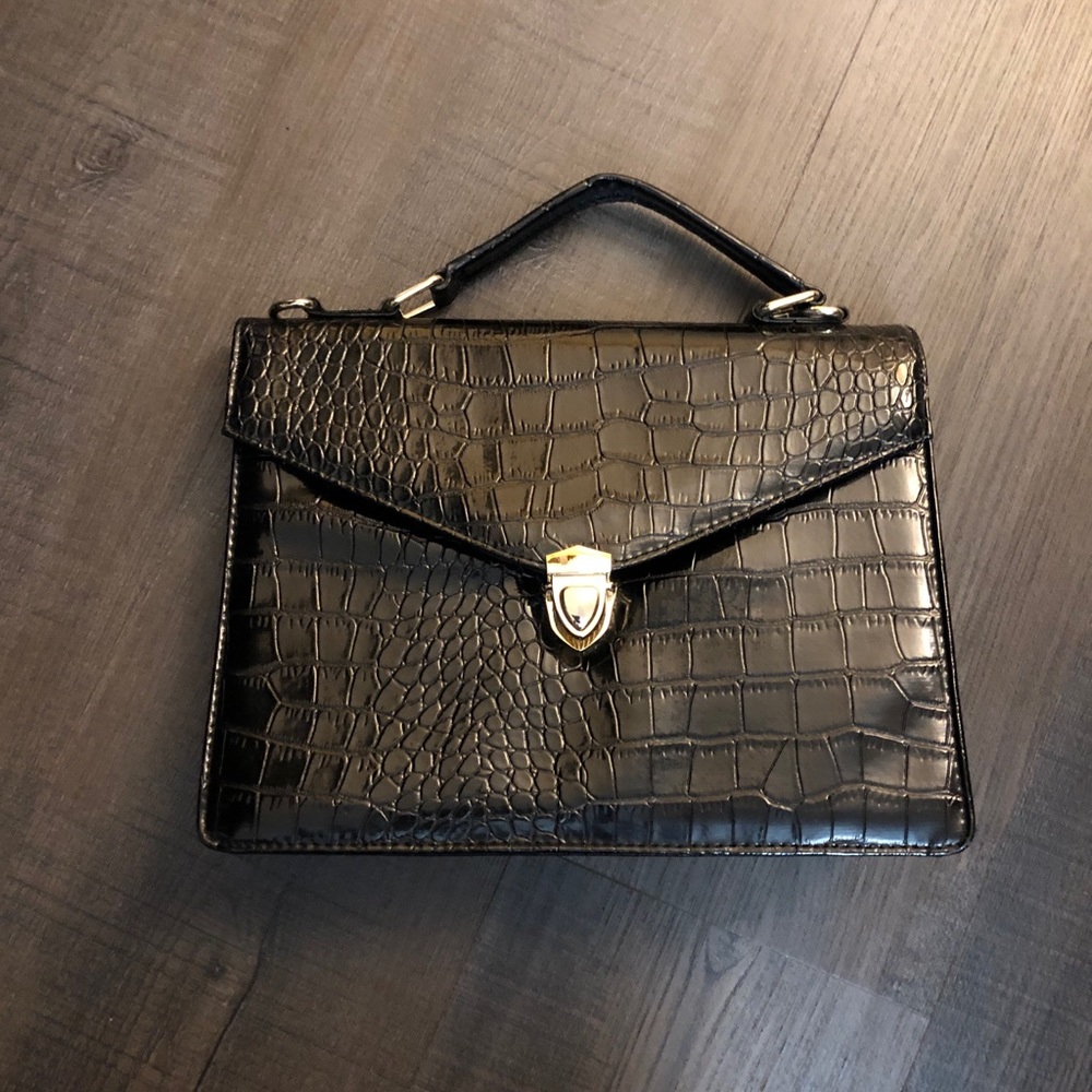 Urban Outfitters Black Croc-Embossed Top Handle Satchel